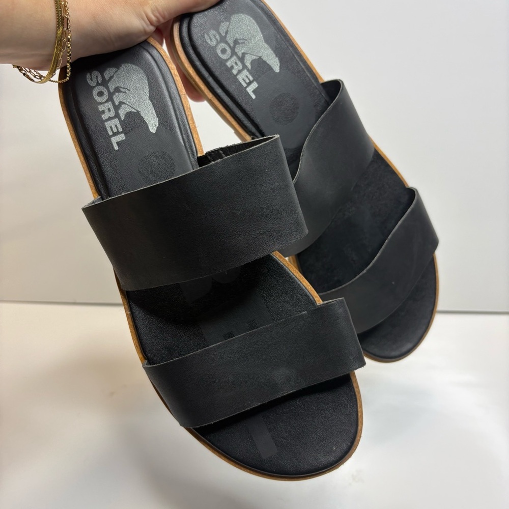 Sorel Women's Ella II Black Double Leather Strap Slide Sandals Womens Size 9.5